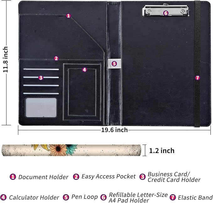 Padfolio/Portfolio Folder Clipboard,Padfolio Clipboard,Writing Portfolio Leather with Cover for Card Holder Slot Letter Size A4 for Office Conference Notepad Clip Boards,Sunflower Dream Catcher