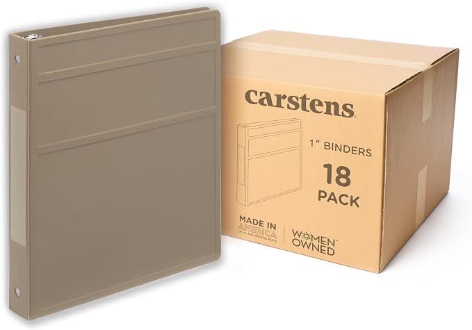 Carstens 1-Inch Heavy Duty 3-Ring Binder - Side Opening, Sand, Durable Plastic, No-Gap Rings, Waterproof Cover, No Pockets, Holds 125 US Letter Sheets, BPA-Free, Made in USA (8717-3R), Case of 18