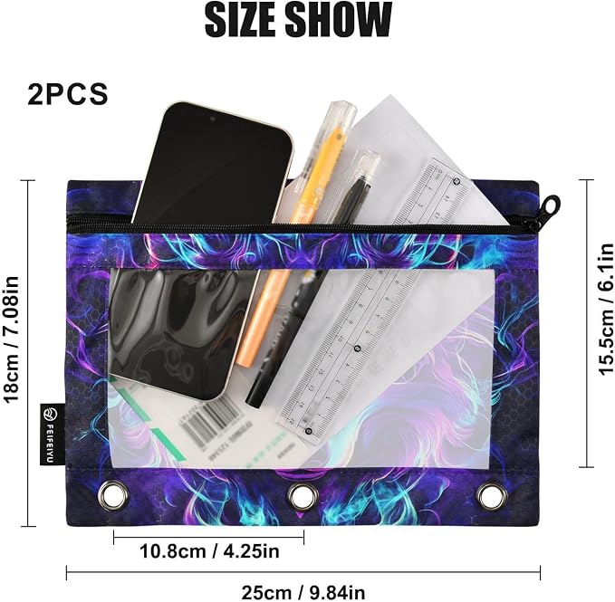 Mystical Wolf Face Pencil Pouch for 3 Ring Binder, 2 Pack Waterproof Pencil Bags Clear Window Pencil Case Zipper School Office Supplies