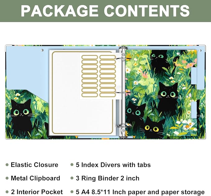 Rouidr 3 Ring Binder, 2 Inch Round Ring Binder Organizer with Clipboard, 5 Dividers Tabs, A4 8.5 x 11 Inch Paper & Clear Sleeves for School, Office Supplies