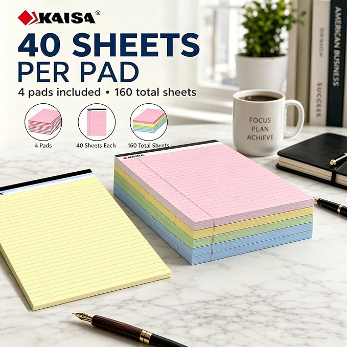 KAISA note pads Colored Legal Pad Writing Pads 8.5x11 inch, Wide Ruled, 40 Sheets/Pad, 20lb Colored Paper, Perforated Writing Pad with Sturdy Back (4 Pads), KSU-5972