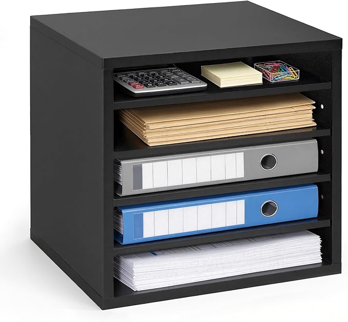 VEVOR Literature Organizer, 5 Compartments Office Mailbox with Adjustable Shelves, Wooden Mailbox Sorter with MDF, Countertop Office Home Classroom Storage Organizer for File, Document, Paper, Black