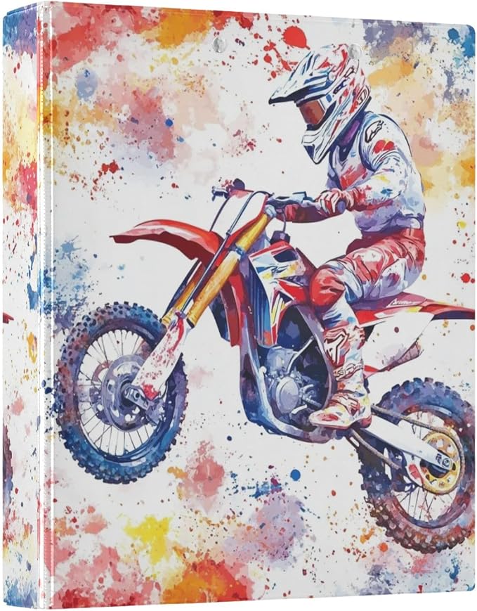 Watercolor Motocross Colorful Decorative 3 Ring Binder 1.5 Inch Large View Binders with Pockets File Organizer for Office College School, 1 Pack