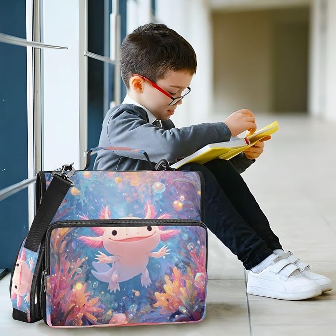Cute Axolotl Print 3 Ring Zipper Binder with Shoulder Strap & Handle 2 Inch D-Ring Zippered Binder Bag with Multiple Pocket & Pencil Pouch, Binder Organizer for School or Office