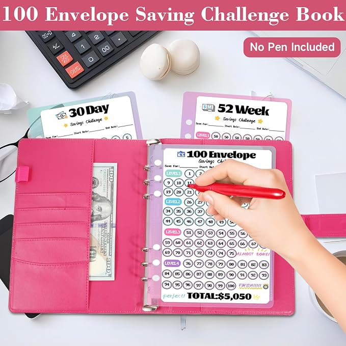 2 Pack 100 Envelopes Money Saving Challenge, Cash Budget Planner A5 Binder | Savings Challenges Book Organizer Folder with 3 Tracker to Save $5,050 $2,600 $300, 100 Pre-numbered Pockets, Red & Pink