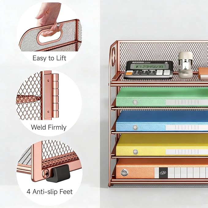 5 Tray Paper Organizer Letter Tray with Handle - Mesh Desk File Organizer, Paper Sorter Organizer for Office, Home or School File Folder Holder - Rose Gold