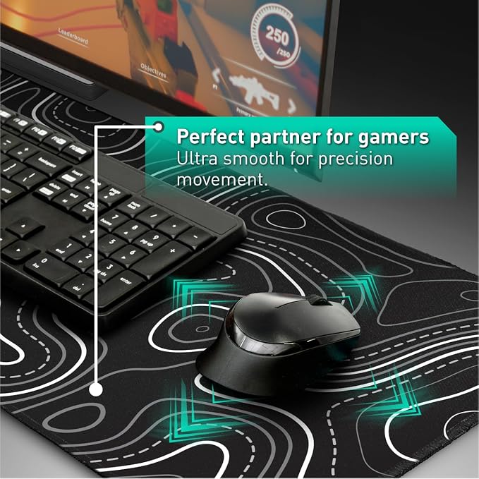 Pixiecube Minimalist Topographic Map Mouse Pad - Contour Extended Large Stitch Edge Mousepad. Black & White Non-Slip XXL Gaming Desk Mat