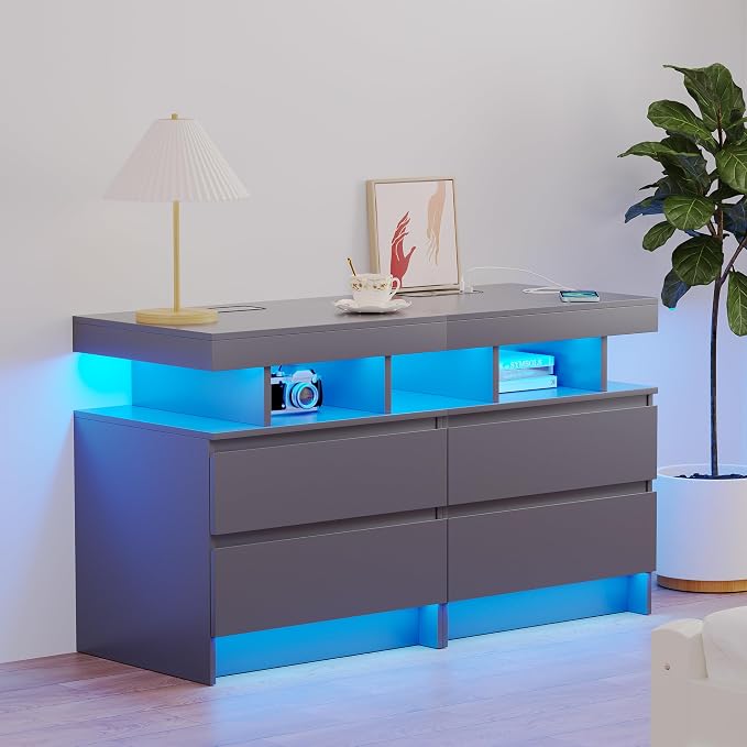 dnbss LED Nightstand with Charging Station, Smart Bedside Table, Grey | Modern Night Stand, Floating Desktop, 2 Drawers, 1 Compartment, Human Body Sensor, for Bedroom Living Room Office Storage