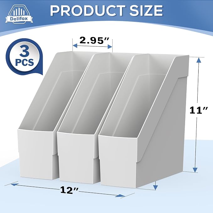 Delifox 3 Pack Magazine Rack, Plastic File Folder Bin Organizer, Gray