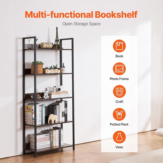VEVOR Metal Bookshelf, 5-Tier Tall Industrial Bookshelf, Rustic Display Vintage Storage Bookcase with Open Shelves, Freestanding Display Shelving Unit Storage Rack, for Living Room, Bedroom & Office