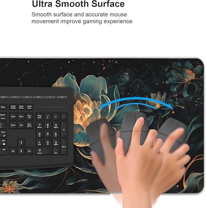 Floral Aesthetic Lotus Gaming Mouse Pad, Black Gold Chinoiserie Desk Mat with Anti-Slip Base & Stitched Edges, Office Supplies & Desk Decor for Women, 35.4" x 15.7" in Home Office Essentials