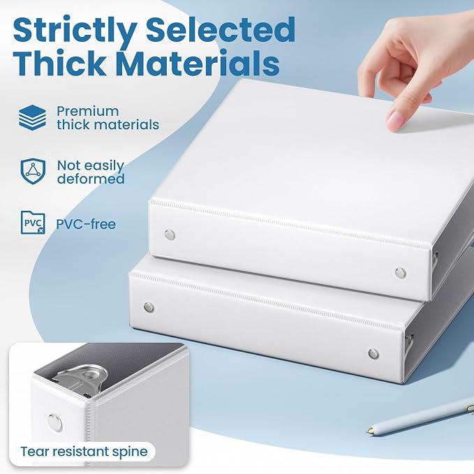 SUNEE 1.5 Inch Binders 3 Ring 8 Pack Bulk, PVC-Free Clear View 1 1/2 Inch Binders (Fits 8.5x11 Inches) for School, Office & Home Use, White