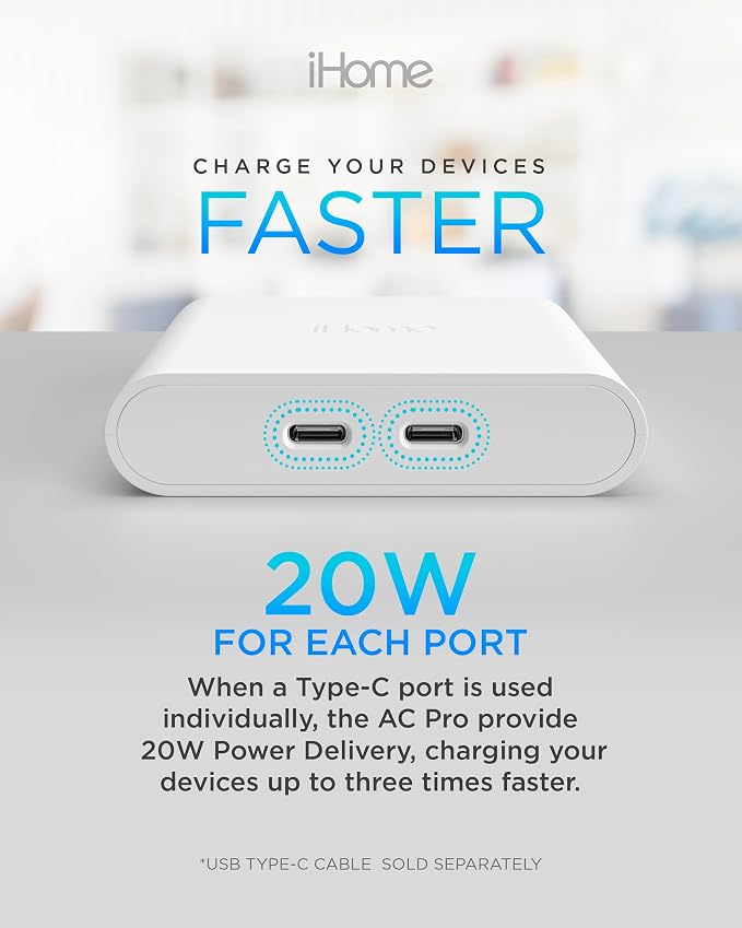 iHome Multiport 40W USB-C Charger, AC Pro 2-Port Flat Block, Dual Fast Charging Wall Adapter | Foldable Prongs, Fast Charging, 2.5x Faster, Charges iPhone, Android, iPad, AirPods, 2 USB-C Ports, Multiport Plug for Home