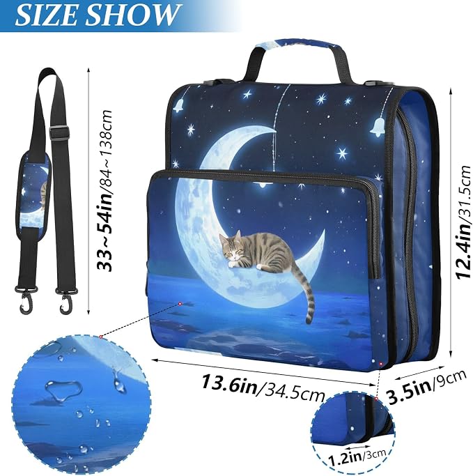 Cat Wind Chimes Moon 3 Ring Zipper Binder Bag Binder Organizer with Handle Shoulder Strap for School Work Office Supplies