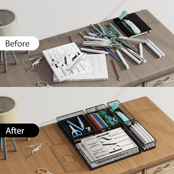 5 Pack Desk Drawer Organizers, Metal Mesh Office Desk Drawer Organizer Tray, Paper Organizer Letter Tray for Desk Accessories, Pen Pencil Holder for Office, Home, School, Classroom