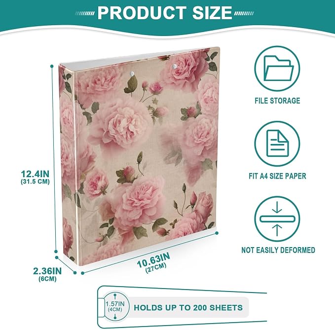Vintage Pink Floral 1.5 Inch Binder 3 Ring, D Ring Binder with Anti-Slip Metal Clip Three Ring Binders Decorative for School Supplies, 1 Pack