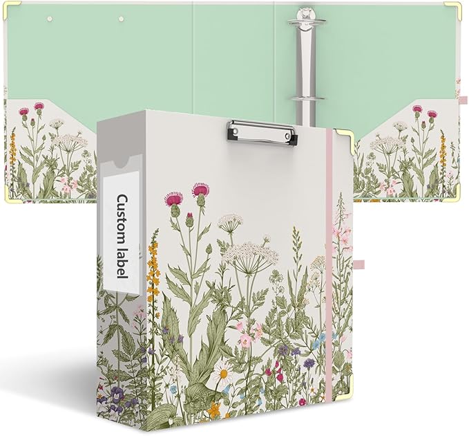 3 Ring Binder 3 Inch, Cute Decorative Hardcover Low Profile Clipboard with Storage, 3'' Round Ring Binders for Letter Size Paper, Durable Binder Organizer for School Office Supplies(Garden Flowers)