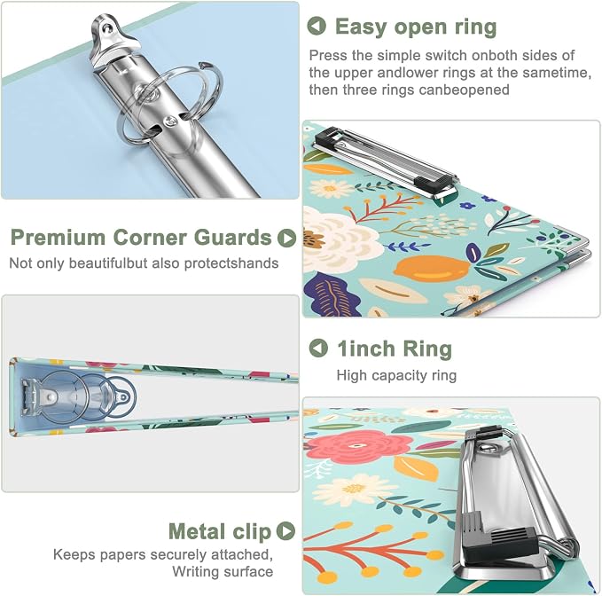 Rouidr 3 Ring Binder with clipboard, 1 inch 8.5 x 11 in Letter Size View Binders Organizer with Dividers Tabs & Clear Sleeves, School Supplies, Office Supplies, Green Flower