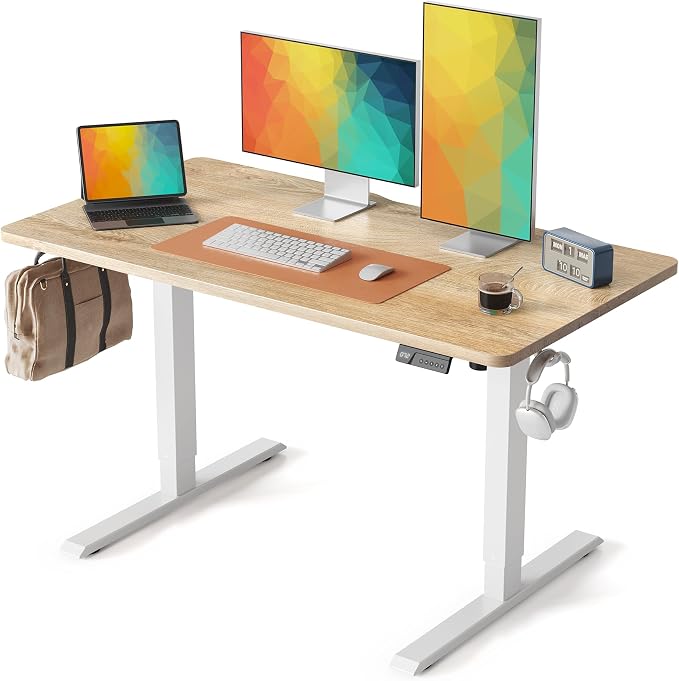 DESINO Standing Desk, 48 × 24 Inches Electric Height Adjustable, Sit and Stand Up, Computer Office Desk with Splice Board, White Frame/Oak TOP
