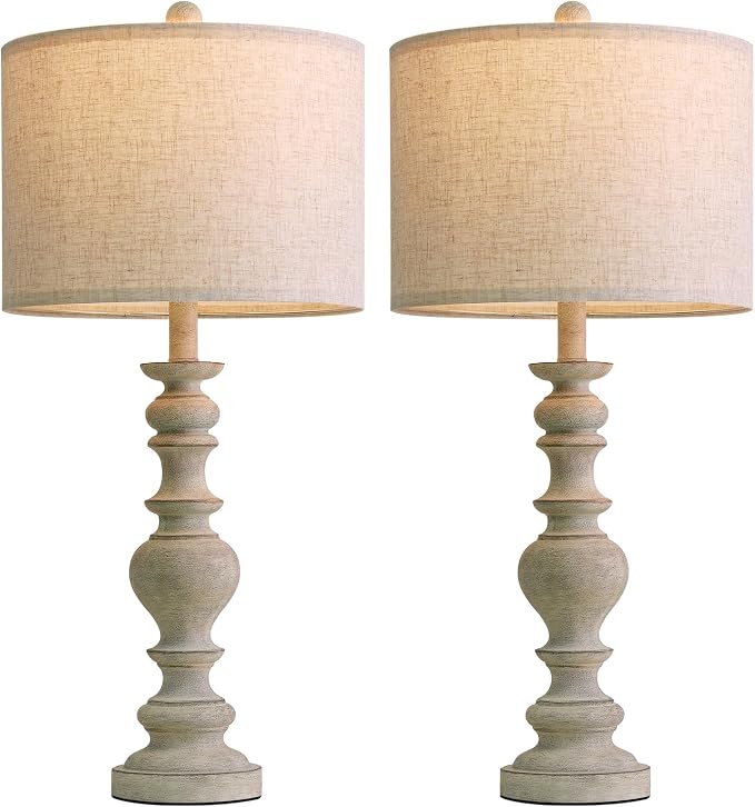 BOBOMOMO 27" Antique Gray Table Lamps Set of 2, Large Farmhouse Resin Lamps with Linen Shades, Vintage Gray Lamps for Living Room, Bedroom, or Console Table Rustic Traditional Décor