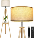 OUTON Wood Tripod Floor Lamp with Shelves, Mid Century LED Modern Dimmable Floor Lamp with Remote Control, Sturdy Tall Standing Lamp with Beige Lamp Shade for Living Room, Bedroom, Office