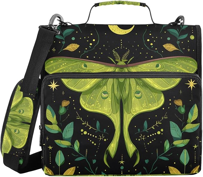 3 Ring Zipper Binder with Shoulder Strap Mystical Green Moon Moth Boho 1.5 inch Binders Keeper Large Capacity Multi Pockets for School Office Supplies