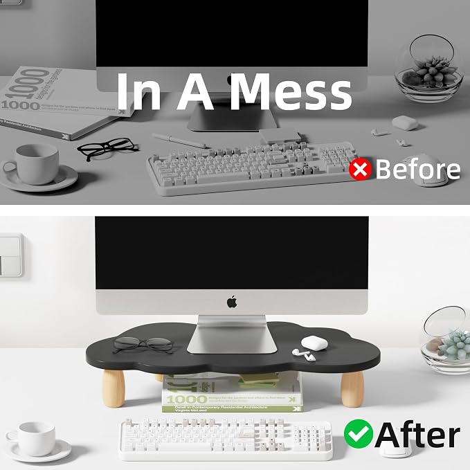 AFOOYO Monitor Stand Riser,Cloud Shape Wood Computer Monitor Stand, 16.5IN Monitor Stand Riser, Multi-Purpose Desktop Organizer Riser for Computer,Laptop,Printer,TV,Black