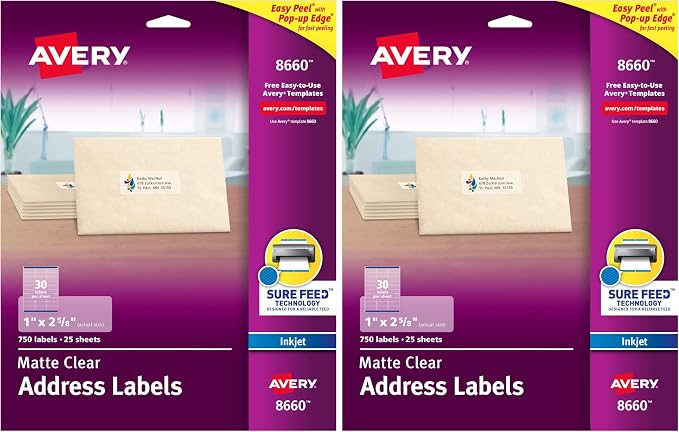 Avery Printable Address Labels with Sure Feed, 1" x 2-5/8", Matte Clear, 750 Blank Mailing Labels (08660) (Pack of 2)