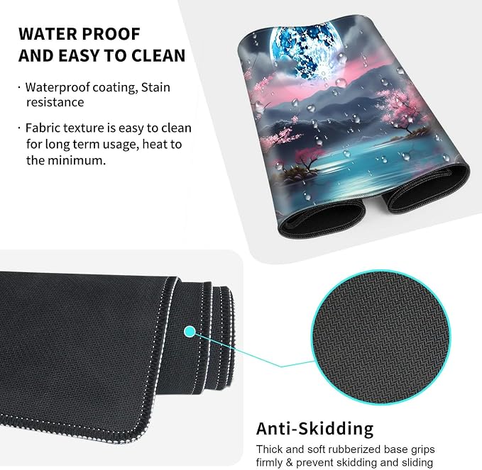 Large Gaming Mouse Pad+Memory Foam Ergonomic Keyboard Wrist Rest Support+Wrist Rest+Coaster, Extended Desk Pad Set, Stitched Edge Non Slip Desk Mat 4PC for Office & Home, Moon Cherry Blossom