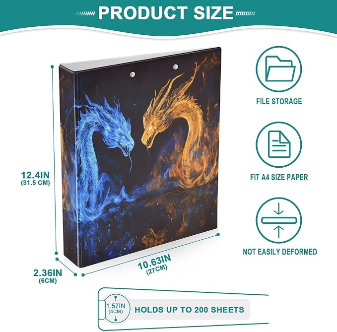 Funny Dragon Orange Dragon 3 Ring Binder with 2 Interior Pockets 1.5 inch Binders 3 Ring Heavy Duty Fit 8.5" x 11" Letter Size for Office School, 2 Pack