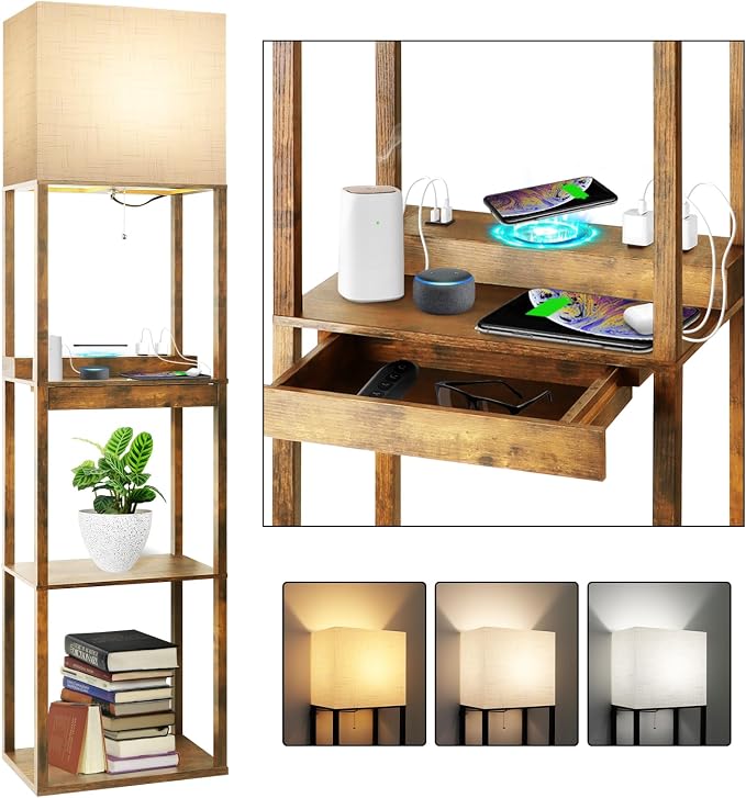Floor Lamp with Shelves, Plus Shelf Lamp with Wireless Charger, 2 USB Port and Outlet, 1 Drawer, 15W LED Bulb, 3 Colors, Memory Function, Floor Lamps for Living Room, Standing Lamp for Bedroom