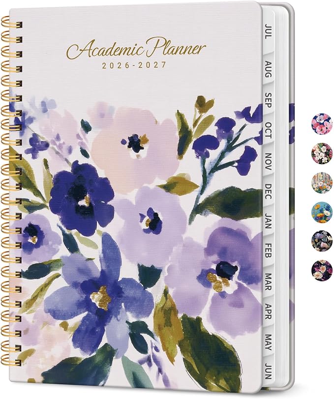 Planner 2026-2027, Monthly & Weekly Jul 2026-Jun 2027 Calendar Book | 6.3" x 8.5", Hardcover Spiral Planner with Tabs, School & Daily Pretty Agenda for Women, Students, Teachers, Violet Petals