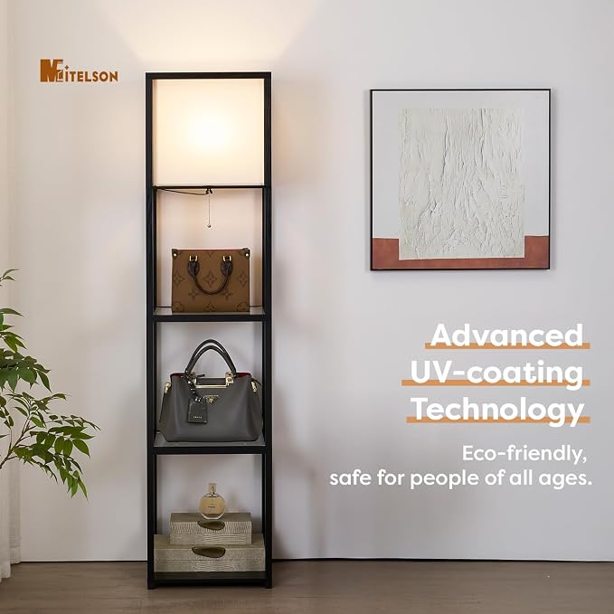 Floor Lamp with Shelves, Modern Standing Lamp with Tempered Glass Shelves, Large Display Shelf Lamp, Tall Lamp with Shelves for Living Room, Bedroom, Office, Black