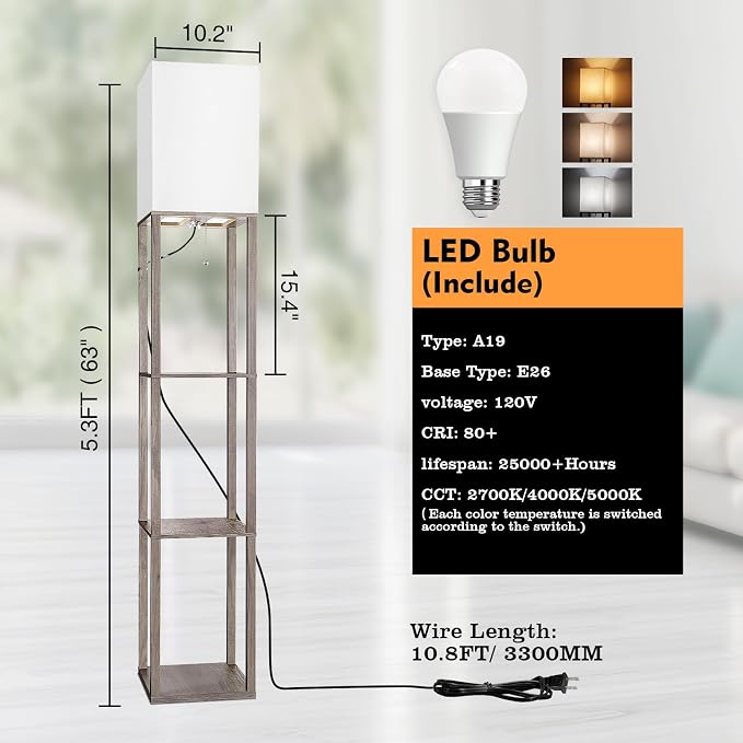 Floor Lamp with Shelves, Shelf Lamp with 3 Color Temperature LED Bulb,Lamps for Living Room, Standing Lamp Modern Tall Standing Light Display Shelf Floor Lamps for Bedroom, Office Home Decor