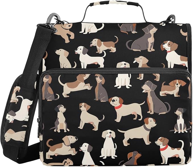 Dog Black Background Pattern 3 Ring Binder Bag 1.5 inch Binder Organizer with Zipper Shoulder Strap 500 Sheet Documents Storage for School Office