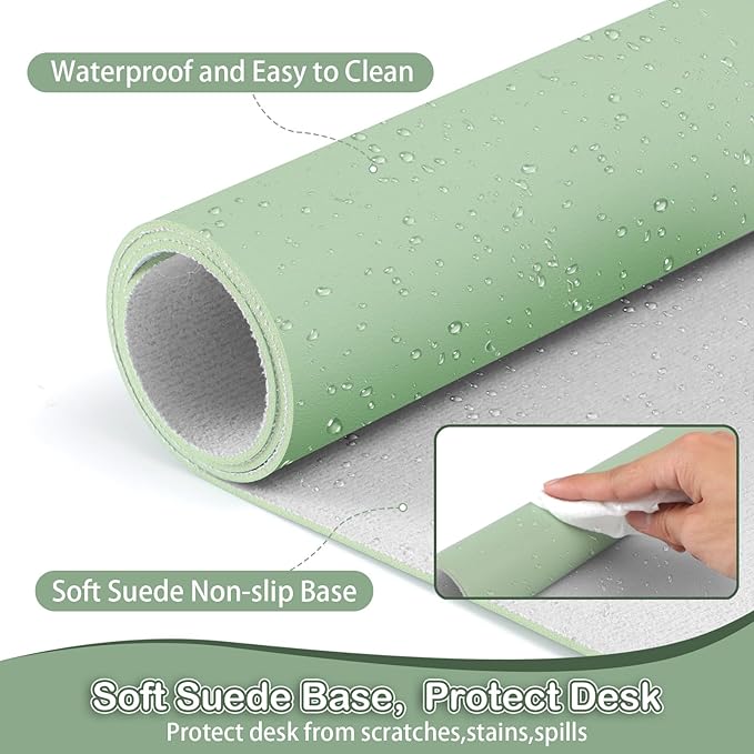 Boutilon Leather Desk Pad Protector,Non-Slip Mouse Pad,Laptop Desk Pad,Office Mouse Mat,Waterproof Leather Desk Blotter,Desk Writing Pad for Office and Home (L-Green,35"x 17")