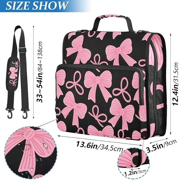 Pink Bow Black Zipper Binder Bag 3 Ring Binder with Shoulder Strap Zip Up 500 Sheets Capacity Multi Pockets for School Office Supplies