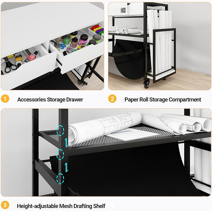 Natwind Wide Format Printer Stand,Plotter Table with Laptop Station,White | Plotter/Cutting Machines Stand, with Pull-out Drafting Collection,Roll Paper Holder,Accessory Drawer & Adjustable Shelf