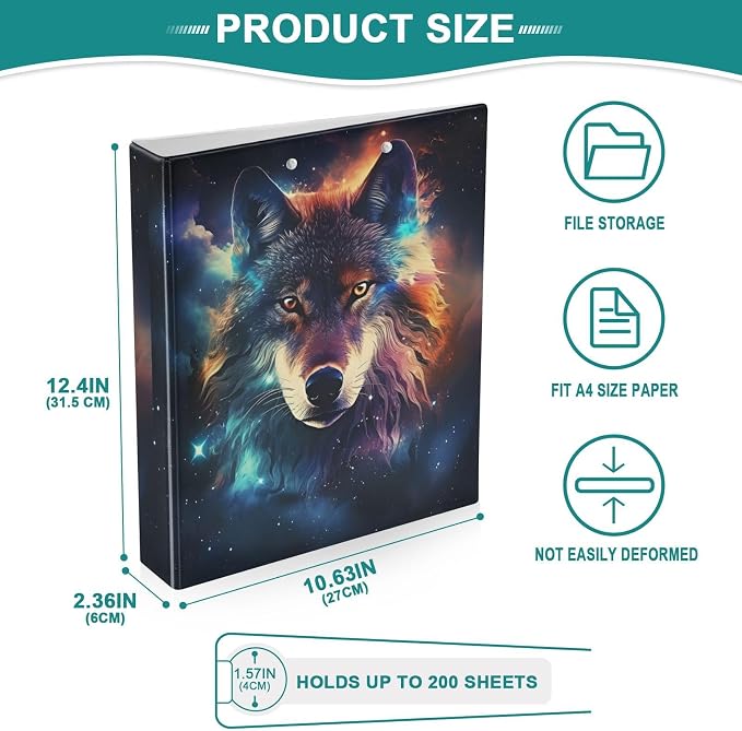 Galaxy Colorful Wolf 3 Ring Binder 1.5 Inch 2 Pack with 200 Sheet for Kids School Supplies Women Men Office
