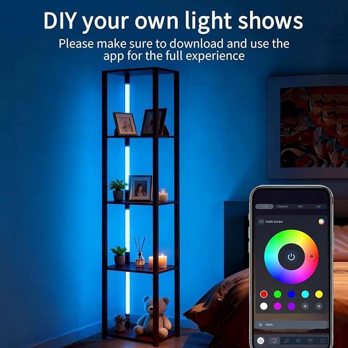 RGBCW Floor Lamp with Shelves, LED Smart Modern Floor Lamp with Music Sync, Color Changing Corner Display Shelf Lamp, Standing Lamp with Shelves for Living Room and Bedroom, Office, Brown