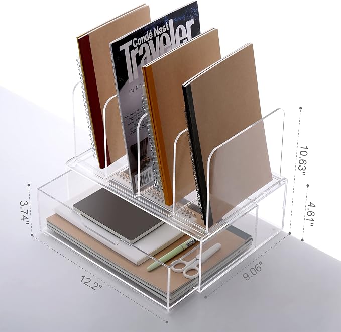 HeZone Desk Organizers and Accessories, Acrylic Desk Organizer with Drawer, Office Supplies Organization Storage, Clear Acrylic File Organizer for Desk - 1 Pack