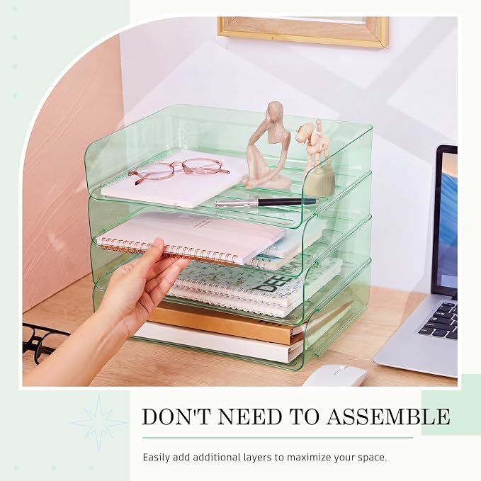 Harloon 4 Tier Clear Sage Green Acrylic Paper Organizer Letter Tray, Aesthetic Stackable Desk File Organizer Paper Holder Office Tray for A4, Modern Office Classroom Home File Pad Books Notes