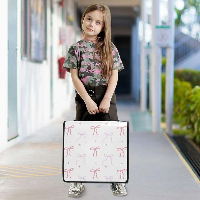 Pink Bows Star White Zipper Binder with Shoulder Strap Bag 3 Ring Binder Organizer Large Capacity Multiple Compartments for School Office