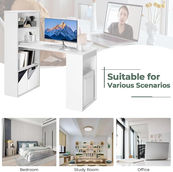 GRAFFY Computer Desk with 6 Storage Shelves - 48" Reversible Writing Desk Workstation with Bookshelf and CPU Stand, Modern Compact Office Desk for Bedroom, Study, Home, Office (White) | Reversible Writing Desk with 6 Storage Shelves, Modern Compact Off...
