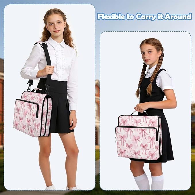Watercolor Pink Bow Pattern Zipper Binder 3 Ring with Handle and Shoulder Strap, 500 Sheet Binder Organizer Capacity & Multi-Pockets for School Office