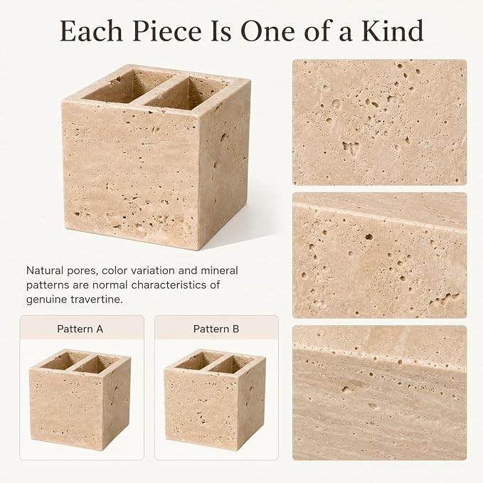 Natural Travertine Pen Holder, 2-Compartment Desk & Makeup Brush Organizer | Pen Holder for Pens, Scissors and Office Desk Decor, 3.94 x 3.94 x 3.94 in