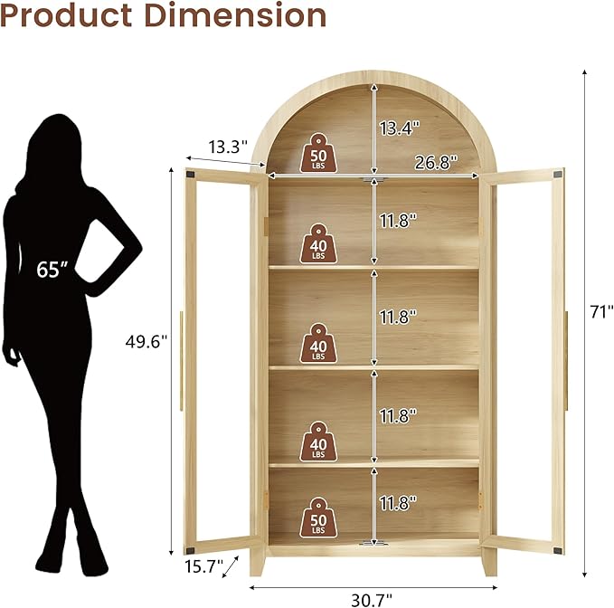 Vlsrka 71" Arched Kitchen Pantry Storage Cabinet with Glass Doors | 5-Tier Display Cabinet for Collectibles, Tall Bookcase with LED Light & Motion Sensor, Curio Cabinet with Adjustable Shelf