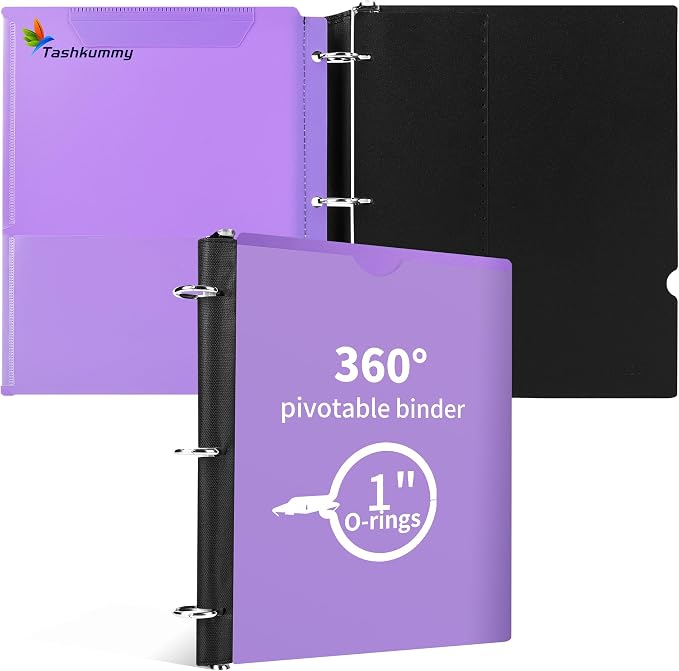 360 Degree Pivotable Binder, Upgraded 3 Ring Binder 1 inch, Flexible Binders 3 Ring, Foldable Three Ring Binders, Purple