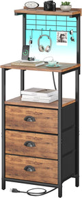sthmec Tall Nightstands with Charging Station, LED Night Stand Bedsides with 3 Fabric Drawers,Hooks,USB Port and Open Storage Shelves,Tall End Table Bedside Tables for Bedroom,Office, Rustic Brown