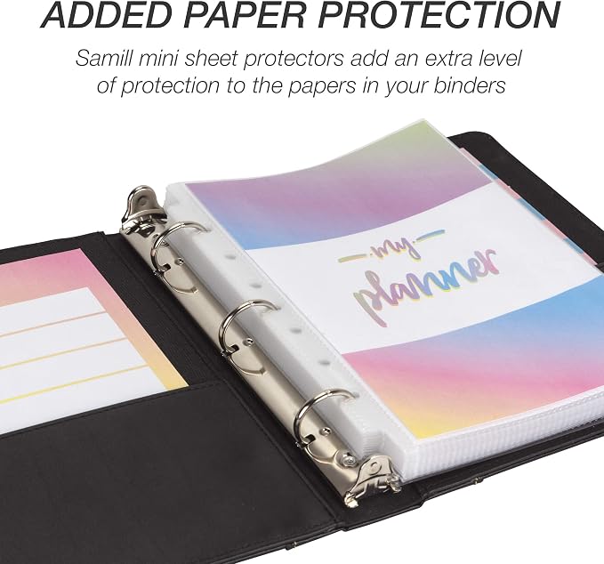 Samsill 1" Junior Size 3 Ring Binder, Leather, Black with Contrast Stitching, Holds 8.5 x 5.5 Paper, 3 Rings, Notebook Binder, Portfolio Organizer, Planner, Journal